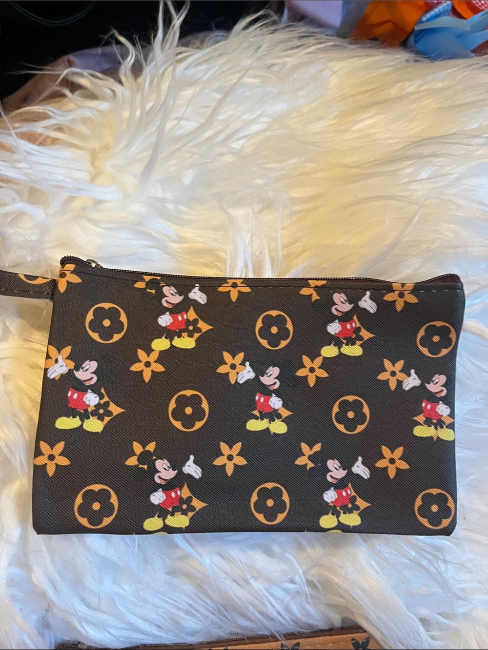 Brown Floral & Character Print Wristlet Pouch